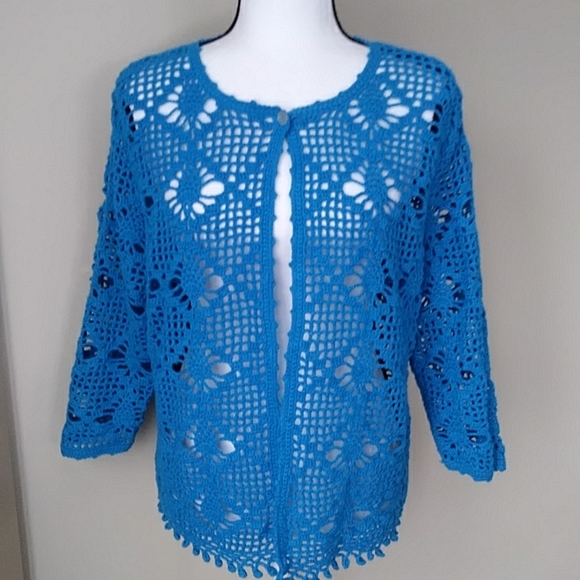 Style Studio Crochet Open Weave Cardigan Sweater 1X Blue - Picture 4 of 13